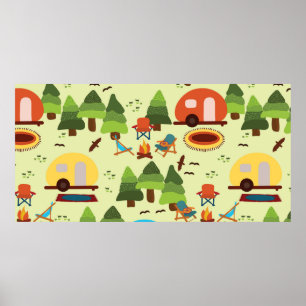 Affiche Camping - caravane, chaises de camping, cheminée