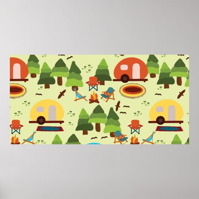 Affiche Camping - caravane, chaises de camping, cheminée (Devant)