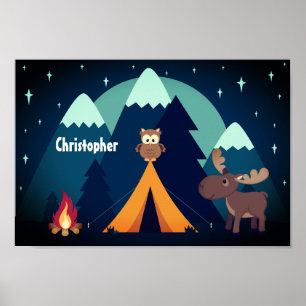 Affiche Camping Cute personnalisé, animaux et montagnes