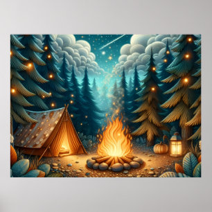 Affiche Camping en forêt de nuit