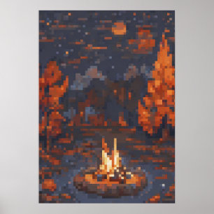 Affiche Camping Life Pixel Art Feu Tente Étoiles Extérieur