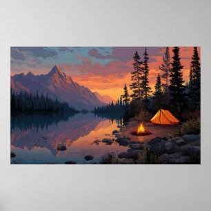 Affiche Camping paisible au bord d'un lac de montagne