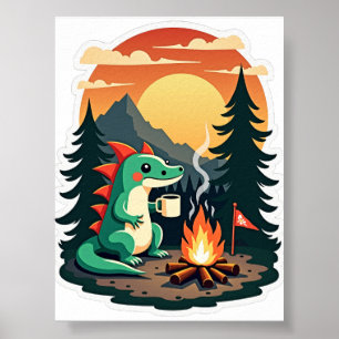 Affiche Camping Rétro Feu de Camp Axolotl Pinède Sauvage
