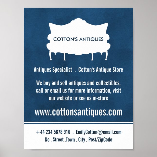 Affiche Canapé vintage, Bleu Élégant, Détaillant d'antiqui (Devant)