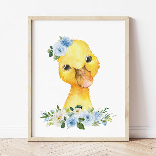 Affiche Canard, Animaux De Ferme, Fleurs Bleues, Garçon