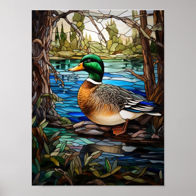Affiche Canard colvert dans un design de vitrail (Devant)