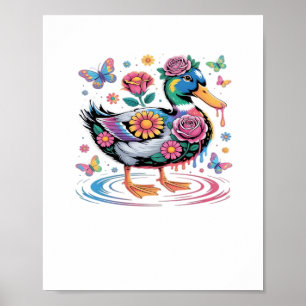 Affiche Canard Imaginaire coloré avec fleurs et papillons