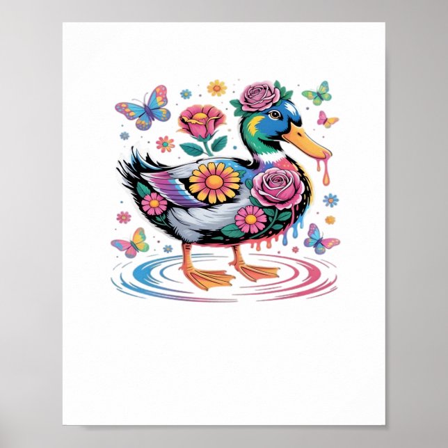 Affiche Canard Imaginaire coloré avec fleurs et papillons (Devant)
