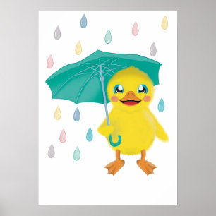 Affiche Canard Mignon Avec Parapluie Sous La Pluie Arc-En-