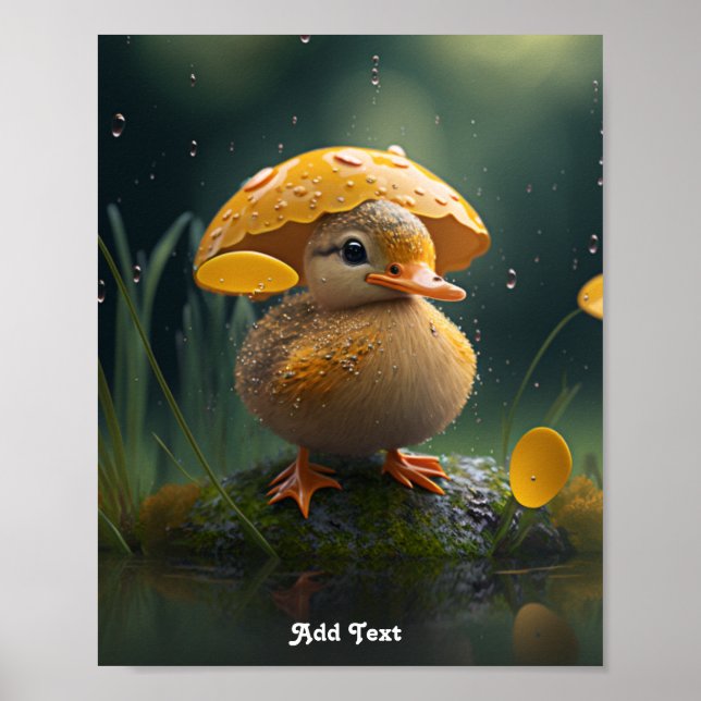 Affiche Canard mignon sous un parapluie jaune dans une nur (Devant)