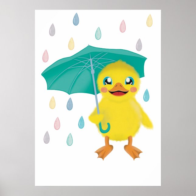 Affiche Canard mou Avec Parapluie En Pluie Arc-En-Ciel (Devant)