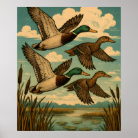 Canards colverts en vol, art faunique