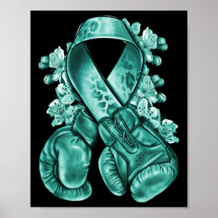 Affiche Cancer de l'ovaire Ruban Turquoise avec gants de b