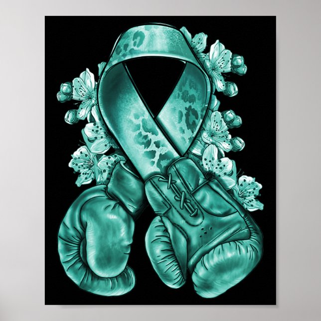 Affiche Cancer de l'ovaire Ruban Turquoise avec gants de b (Devant)