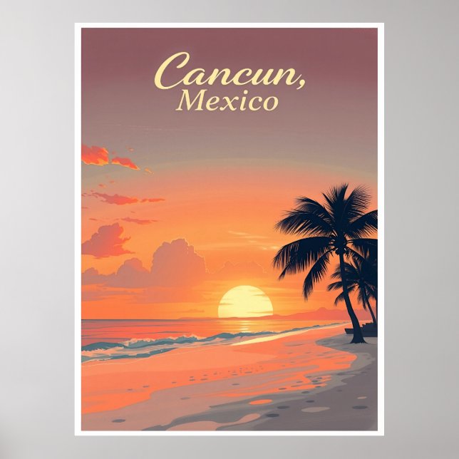 Affiche Cancun, Mexique – Illustration vintage de coucher  (Devant)