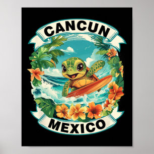 Affiche Cancun Mexique Jolie Tortue de Mer Surfant Vacance