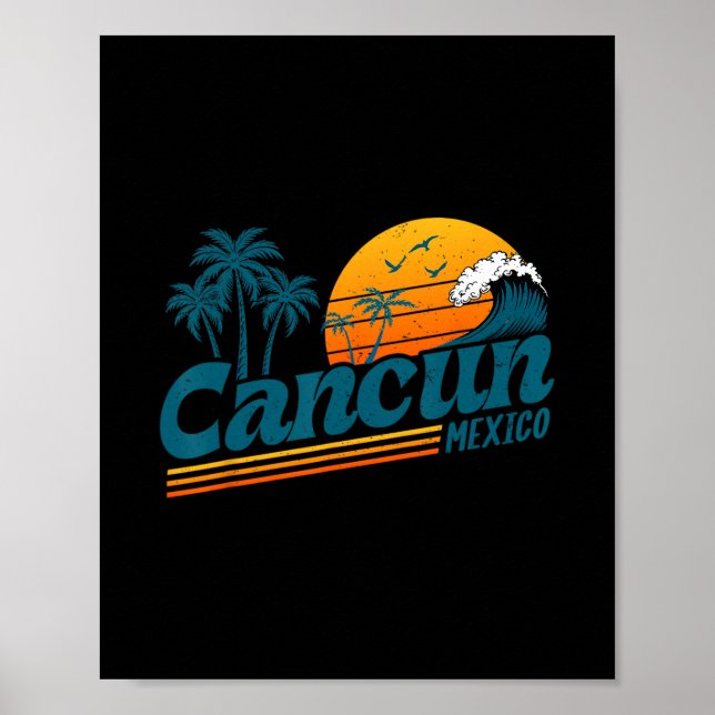 Affiche Cancun Mexique Retro Coucher de soleil Palmier Pla (Devant)