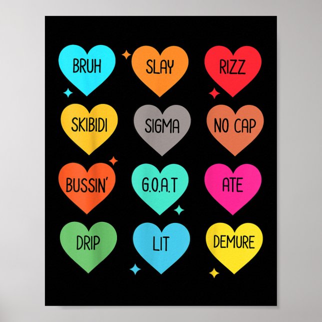 Affiche Candy Heart Slang Mots Valentines Day For School, (Devant)
