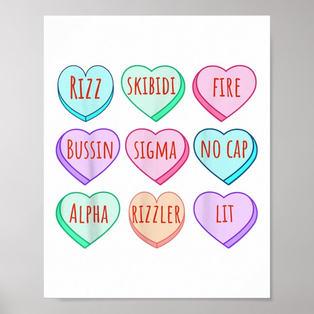 Affiche Candy Heart Slang Mots Valentines Day For School, (Devant)