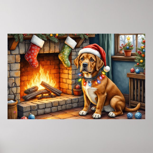 Affiche Cane Corso Cheminée avec Lumières de Noël (Devant)