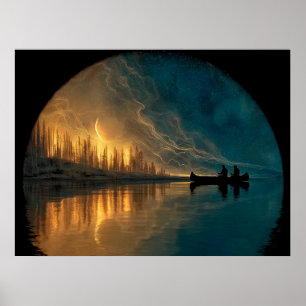 Affiche Canoë et lune de croissant sur un lac