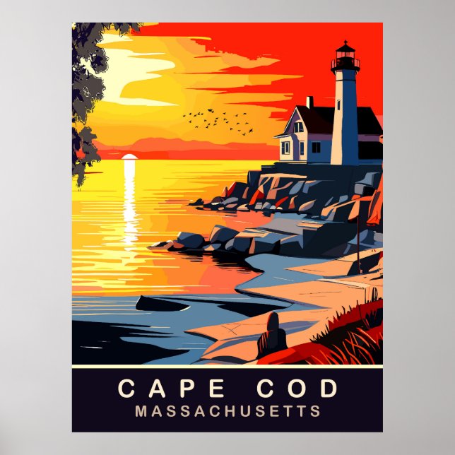 Affiche Cape Cod, MA, Coucher de soleil sur la côte, Voyag (Devant)