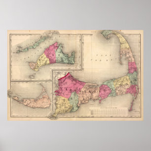 Affiche Cape Cod, Martha's Vineyard et carte de Nantucket