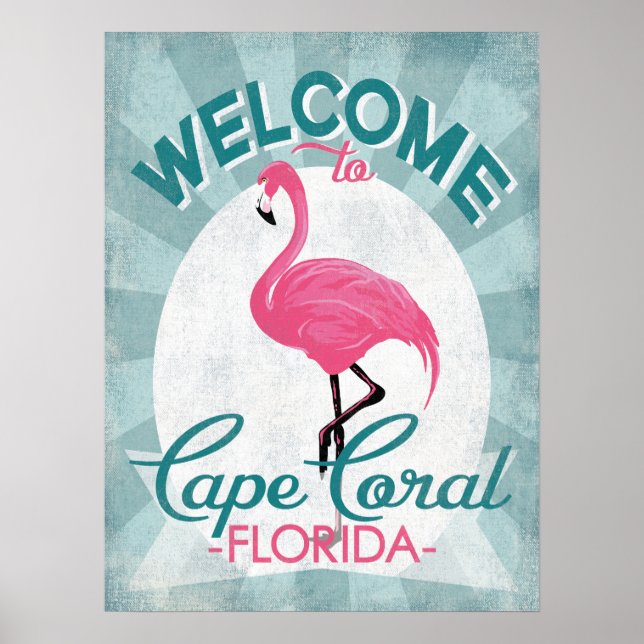 Affiche Cape Coral Florida Flamant rose rose Retro (Devant)