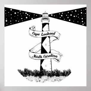 Affiche Cape Lookout Lighthouse noir et blanc