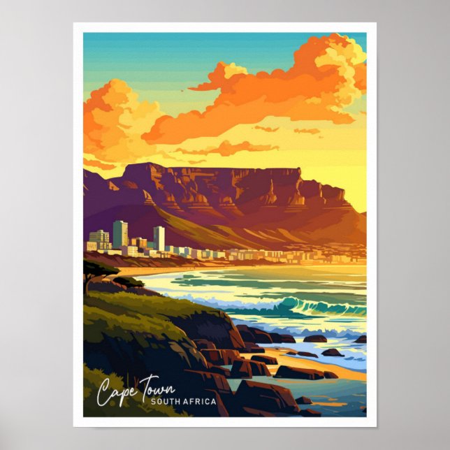 Affiche Cape Town Afrique du Sud Voyage illustration Vinta (Devant)