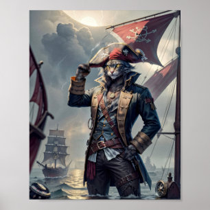 Affiche Capitaine Pirate chat sur un galion qui coule -