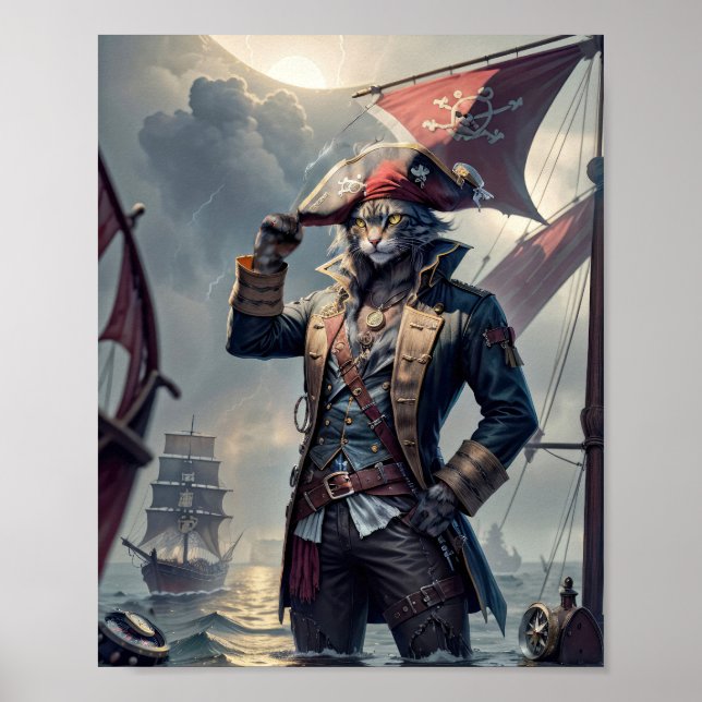 Affiche Capitaine Pirate chat sur un galion qui coule -  (Devant)