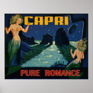 Affiche Capri, romance pur, sirènes la nuit, vintage