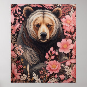 Affiche Captivant Brown Ours Gaze Fleurs roses