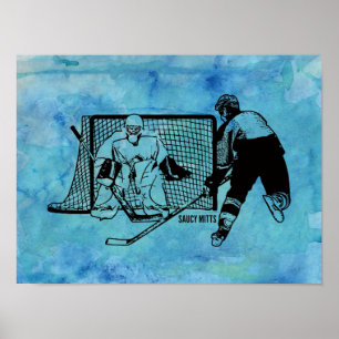 Affiche Capture sur Net Hockey Croquis sur Blue Watercolor