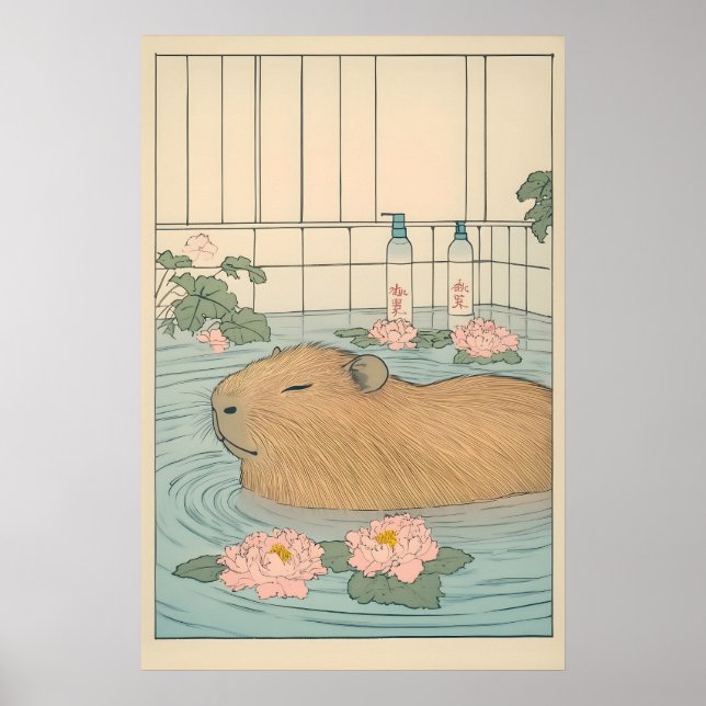 Affiche Capybara Bath Print Japanese Ukiyo-e Animal Art (Devant)