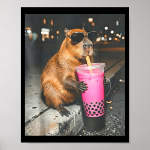 Affiche Capybara buvant du thé glacé boba mème animal drôl