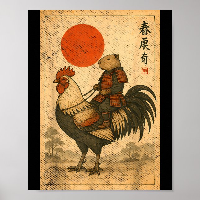 Affiche Capybara coq samouraï japonais vintage Poule  (Devant)