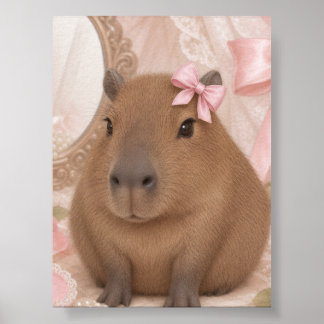 Affiche capybara coquette ruban rose