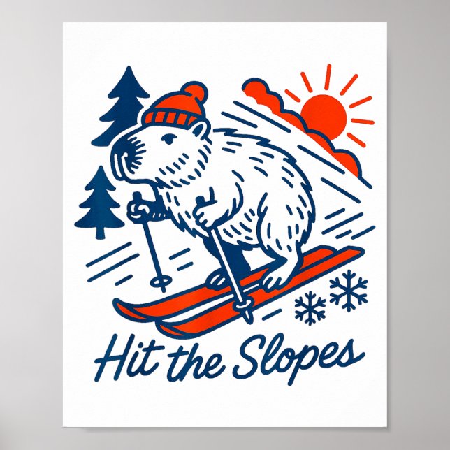 Affiche Capybara dévalant les pentes montagne d'hiver (Devant)
