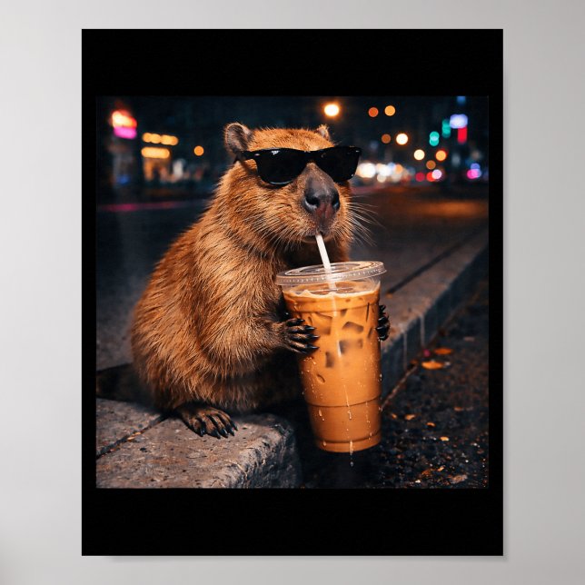 Affiche Capybara drôle buvant du café glacé amateur d'anim (Devant)