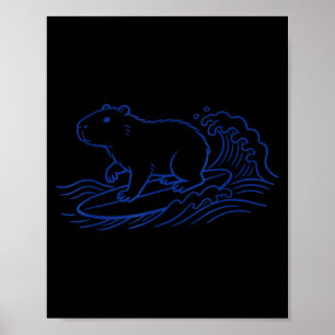 Affiche Capybara drôle surfant sur une grosse vague, ambia