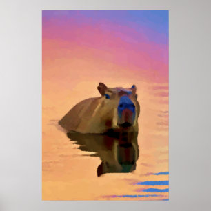 Affiche Capybara émergeant d'un lac tranquille
