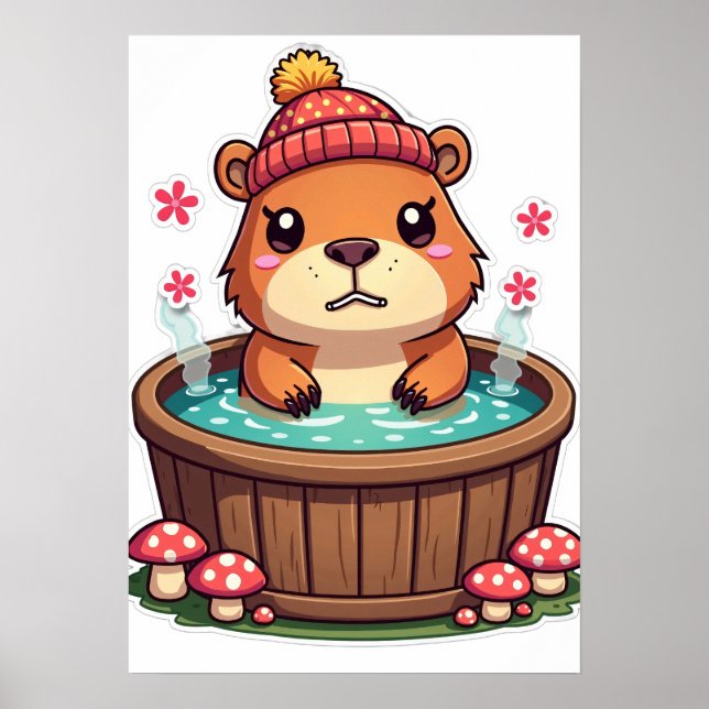 Affiche Capybara Grincheux Jacuzzi Kawaii Autocollant Cham (Devant)