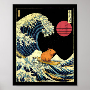 Affiche Capybara japonais vague de Kanagawa drôle de surf