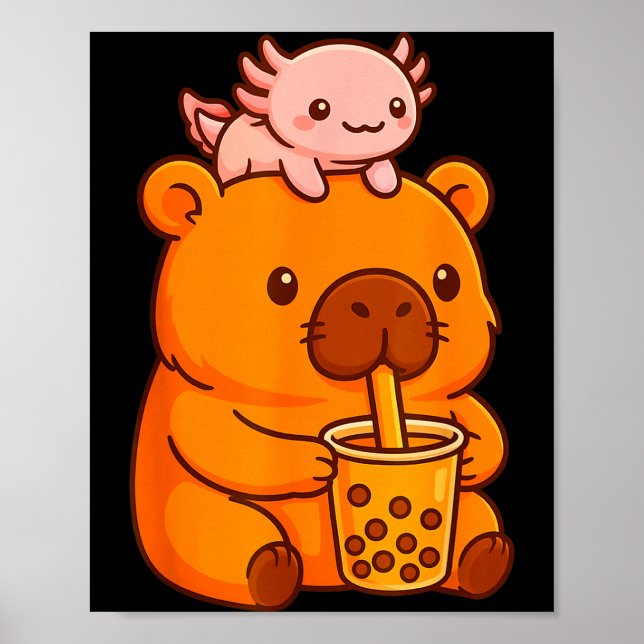 Affiche Capybara Mignon Buvant du Bubble Tea et Axolotl Ka (Devant)