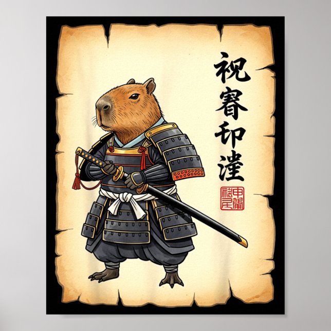 Affiche Capybara Samouraï Art Japonais Graphique Rétro Drô (Devant)