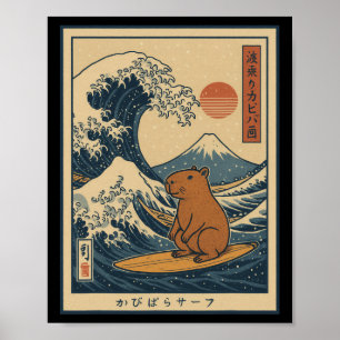 Affiche Capyra surfant calmement sur la grande vague _1