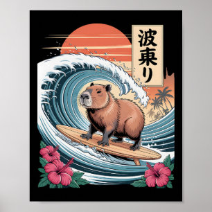 Affiche Capyra Surfant Grande Vague Tropical Coucher de so