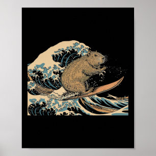 Affiche Capyra Surfant sur une vague japonaise Surfeur Ani